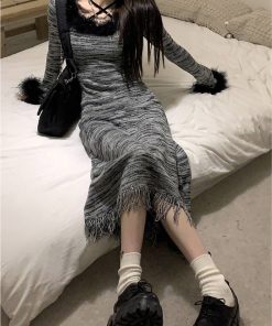 Fringed Striped Long Sleeve Dress for Women - Waist-Cinching Elegant Knitted Sweater Dress for Autumn and Winter Fashion