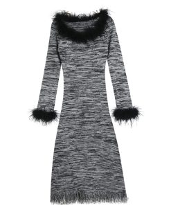 Fringed Striped Long Sleeve Dress for Women - Waist-Cinching Elegant Knitted Sweater Dress for Autumn and Winter Fashion