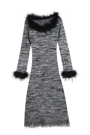 Fringed Striped Long Sleeve Dress for Women - Waist-Cinching Elegant Knitted Sweater Dress for Autumn and Winter Fashion