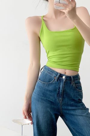 Fruit Green Padded Camisole - Women's Slim Fit Design with Beautiful Back - Trendy Short Top for Y2K and Korean Style