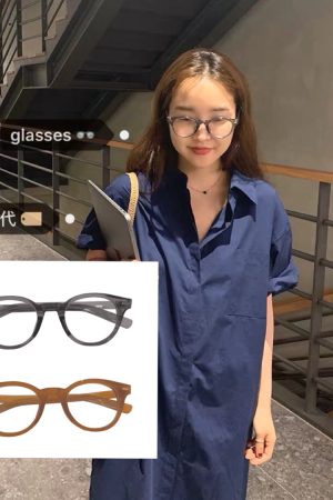Full-Frame Glasses with Rounded Corners in Water Gray Camel - Korean Style Face Shape Correction Eyewear