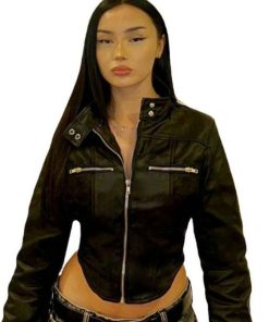 Functional Street Style Short Arc Hem Jacket for Women - Irregular Zip-Up Motorcycle Coat with Stand Collar for Trendy Girls