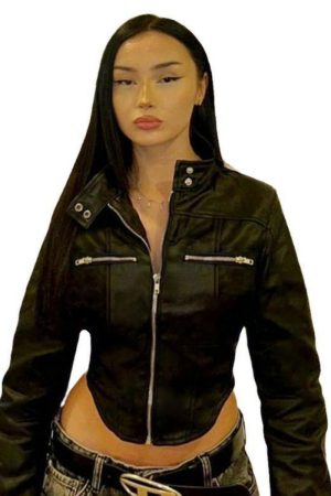 Functional Street Style Short Arc Hem Jacket for Women - Irregular Zip-Up Motorcycle Coat with Stand Collar for Trendy Girls