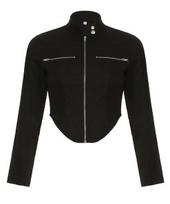 Functional Street Style Short Arc Hem Jacket for Women - Irregular Zip-Up Motorcycle Coat with Stand Collar for Trendy Girls