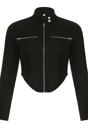 Functional Street Style Short Arc Hem Jacket for Women - Irregular Zip-Up Motorcycle Coat with Stand Collar for Trendy Girls