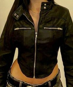 Functional Street Style Short Arc Hem Jacket for Women - Irregular Zip-Up Motorcycle Coat with Stand Collar for Trendy Girls
