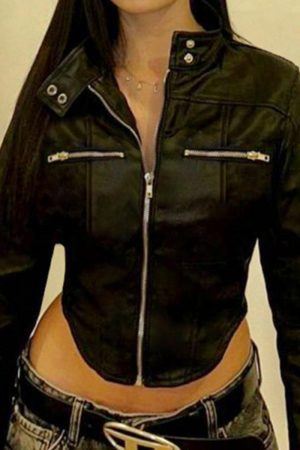 Functional Street Style Short Arc Hem Jacket for Women - Irregular Zip-Up Motorcycle Coat with Stand Collar for Trendy Girls