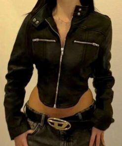 Functional Street Style Short Arc Hem Jacket for Women - Irregular Zip-Up Motorcycle Coat with Stand Collar for Trendy Girls