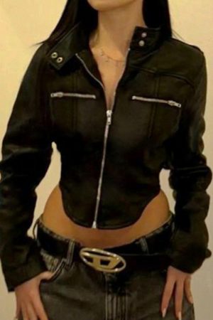 Functional Street Style Short Arc Hem Jacket for Women - Irregular Zip-Up Motorcycle Coat with Stand Collar for Trendy Girls