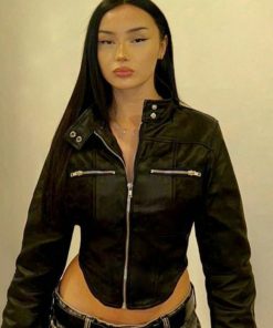 Functional Street Style Short Arc Hem Jacket for Women - Irregular Zip-Up Motorcycle Coat with Stand Collar for Trendy Girls