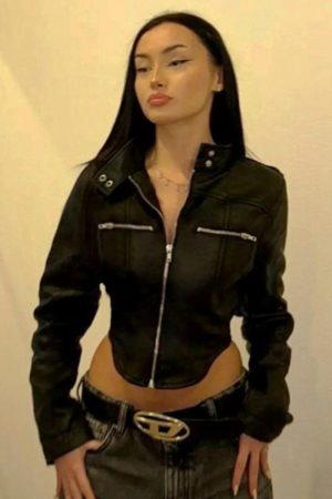 Functional Street Style Short Arc Hem Jacket for Women - Irregular Zip-Up Motorcycle Coat with Stand Collar for Trendy Girls