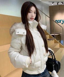 Fur Collar Hooded Thickened Cotton Jacket with Fur Lining for Autumn Winter - Stylish Warm Coat