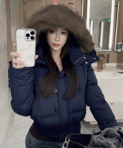 Fur Collar Hooded Thickened Cotton Jacket with Fur Lining for Autumn Winter - Stylish Warm Coat