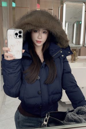 Fur Collar Hooded Thickened Cotton Jacket with Fur Lining for Autumn Winter - Stylish Warm Coat