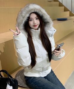 Fur Collar Hooded Thickened Cotton Jacket with Fur Lining for Autumn Winter - Stylish Warm Coat