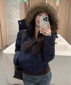 Fur Collar Hooded Thickened Cotton Jacket with Fur Lining for Autumn Winter - Stylish Warm Coat