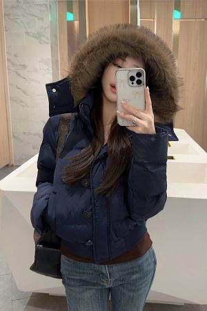 Fur Collar Hooded Thickened Cotton Jacket with Fur Lining for Autumn Winter - Stylish Warm Coat
