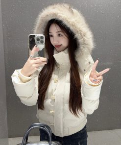 Fur Collar Hooded Thickened Cotton Jacket with Fur Lining for Autumn Winter - Stylish Warm Coat