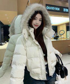 Fur Collar Hooded Thickened Cotton Jacket with Fur Lining for Autumn Winter - Stylish Warm Coat