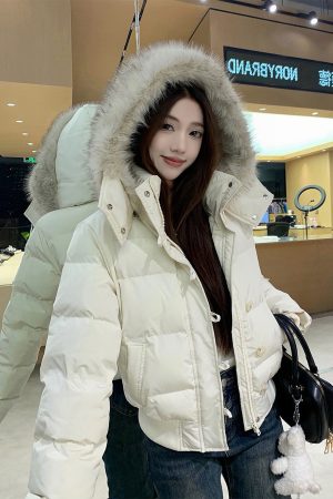Fur Collar Hooded Thickened Cotton Jacket with Fur Lining for Autumn Winter - Stylish Warm Coat