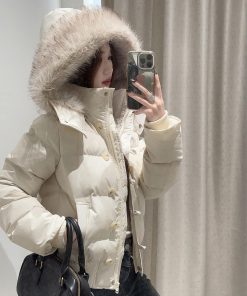 Fur Collar Hooded Thickened Cotton Jacket with Fur Lining for Autumn Winter - Stylish Warm Coat
