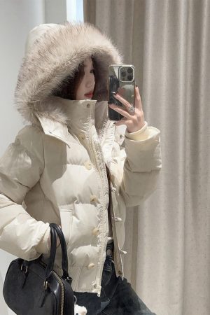 Fur Collar Hooded Thickened Cotton Jacket with Fur Lining for Autumn Winter - Stylish Warm Coat