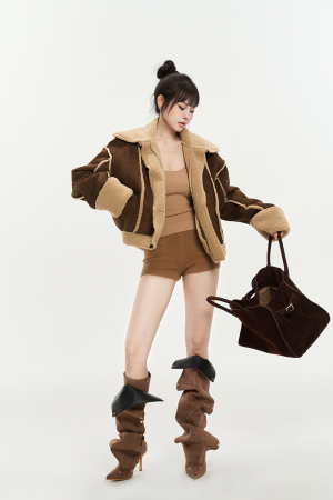 Fur-Lined Short Motorcycle Jacket for Women, Thickened Autumn Winter Coat, Stylish Casual Outerwear, Warm 90s Inspired Fashion