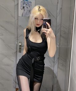 Futuristic Black Canvas Waist Belt with Metal Buckle Design for Trendy Street Style and Y2K Fashion