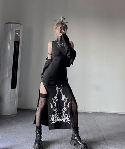 Futuristic High-Neck Sleeveless Qipao Dress - Dark Slim Fit Stretchy Split Design for Modern Style