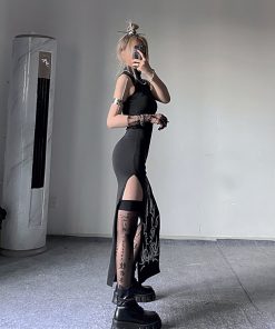 Futuristic High-Neck Sleeveless Qipao Dress - Dark Slim Fit Stretchy Split Design for Modern Style