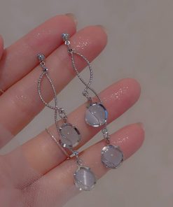 Galaxy Girl Long Tassel Earrings with Spiral Cat's Eye Stone and Round Ball Ear Clips - Elegant No Ear Hole Design