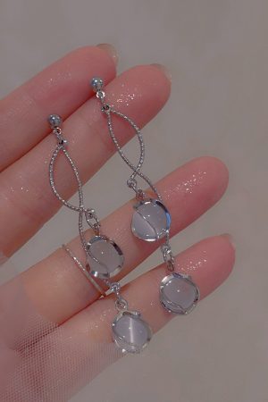 Galaxy Girl Long Tassel Earrings with Spiral Cat's Eye Stone and Round Ball Ear Clips - Elegant No Ear Hole Design
