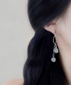 Galaxy Girl Long Tassel Earrings with Spiral Cat's Eye Stone and Round Ball Ear Clips - Elegant No Ear Hole Design