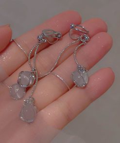 Galaxy Girl Long Tassel Earrings with Spiral Cat's Eye Stone and Round Ball Ear Clips - Elegant No Ear Hole Design