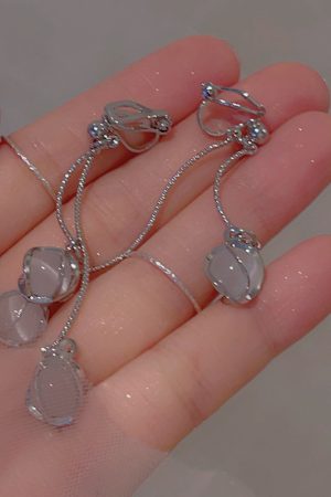 Galaxy Girl Long Tassel Earrings with Spiral Cat's Eye Stone and Round Ball Ear Clips - Elegant No Ear Hole Design