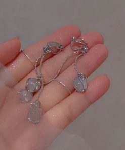 Galaxy Girl Long Tassel Earrings with Spiral Cat's Eye Stone and Round Ball Ear Clips - Elegant No Ear Hole Design