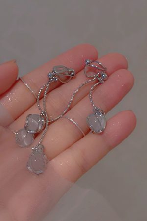Galaxy Girl Long Tassel Earrings with Spiral Cat's Eye Stone and Round Ball Ear Clips - Elegant No Ear Hole Design