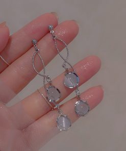 Galaxy Girl Long Tassel Earrings with Spiral Cat's Eye Stone and Round Ball Ear Clips - Elegant No Ear Hole Design