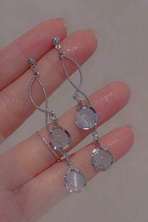 Galaxy Girl Long Tassel Earrings with Spiral Cat's Eye Stone and Round Ball Ear Clips - Elegant No Ear Hole Design