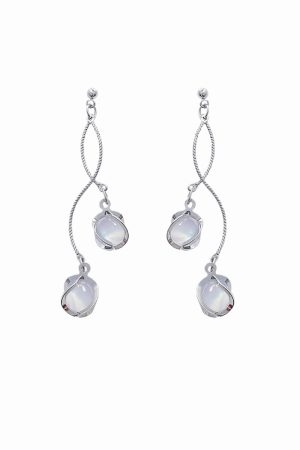 Galaxy Girl Long Tassel Earrings with Spiral Cat's Eye Stone and Round Ball Ear Clips - Elegant No Ear Hole Design