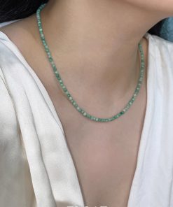 Gentle Mint Green Natural Stone Bead Necklace - Elegant Floating French Collarbone Chain, Colorful Boho Chic Jewelry