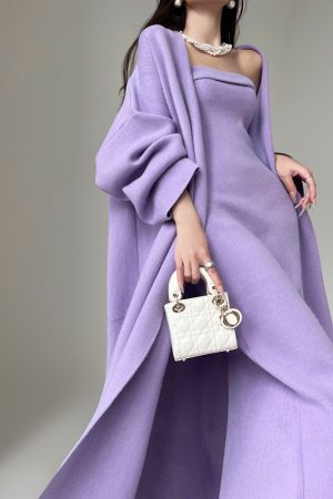 Gentle Temperament Knitted Cardigan and Strapless Dress Set - Cozy Layering Outfit for 90s Inspired Lazy Style Fashion