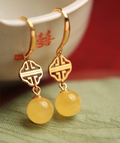 Geometric Drop Earrings for Women - Natural Beeswax Amber, Pure Silver, Gold Inlaid Jade, Chinese Style, Light Luxury Accessories