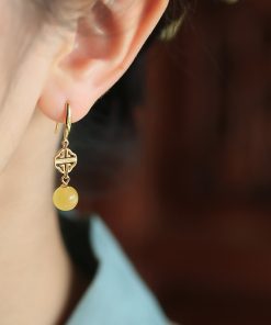 Geometric Drop Earrings for Women - Natural Beeswax Amber, Pure Silver, Gold Inlaid Jade, Chinese Style, Light Luxury Accessories