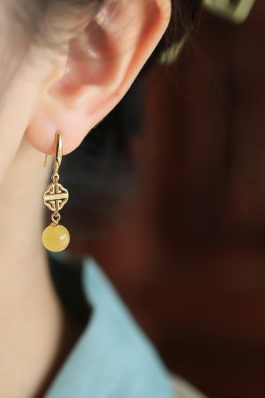Geometric Drop Earrings for Women - Natural Beeswax Amber, Pure Silver, Gold Inlaid Jade, Chinese Style, Light Luxury Accessories