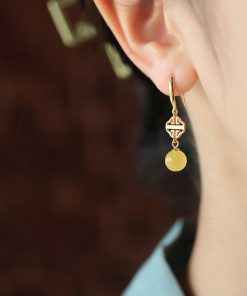Geometric Drop Earrings for Women - Natural Beeswax Amber, Pure Silver, Gold Inlaid Jade, Chinese Style, Light Luxury Accessories