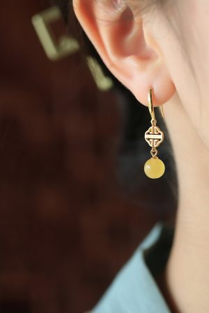 Geometric Drop Earrings for Women - Natural Beeswax Amber, Pure Silver, Gold Inlaid Jade, Chinese Style, Light Luxury Accessories