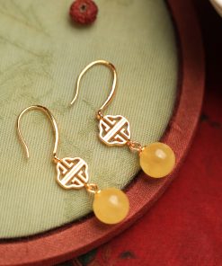Geometric Drop Earrings for Women - Natural Beeswax Amber, Pure Silver, Gold Inlaid Jade, Chinese Style, Light Luxury Accessories