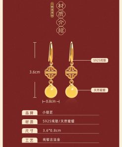 Geometric Drop Earrings for Women - Natural Beeswax Amber, Pure Silver, Gold Inlaid Jade, Chinese Style, Light Luxury Accessories