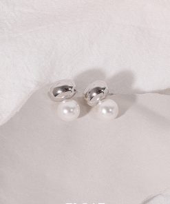Geometric Silver Round Ball Pearl Stud Earrings for Women - Floating Cool Style Minimalist French Ear Clips
